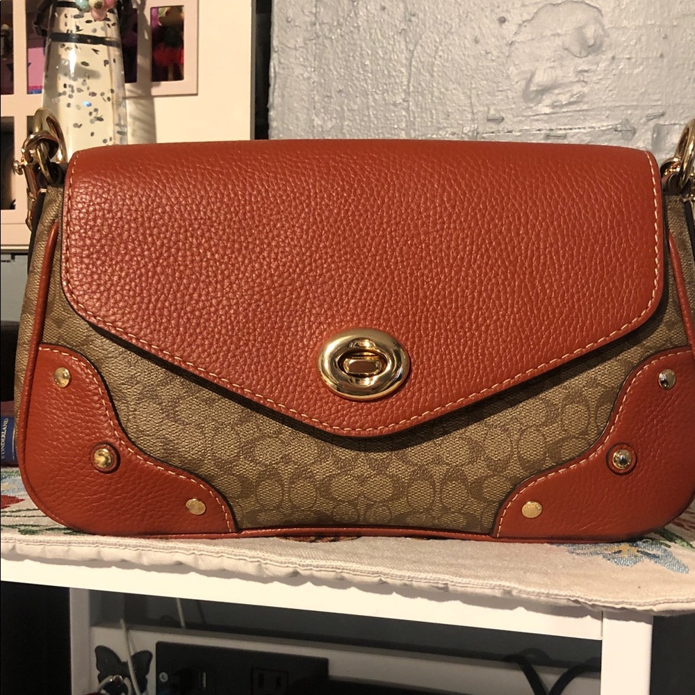 Coach Millie Tan and Brown Crossbody Bag with Gold Details